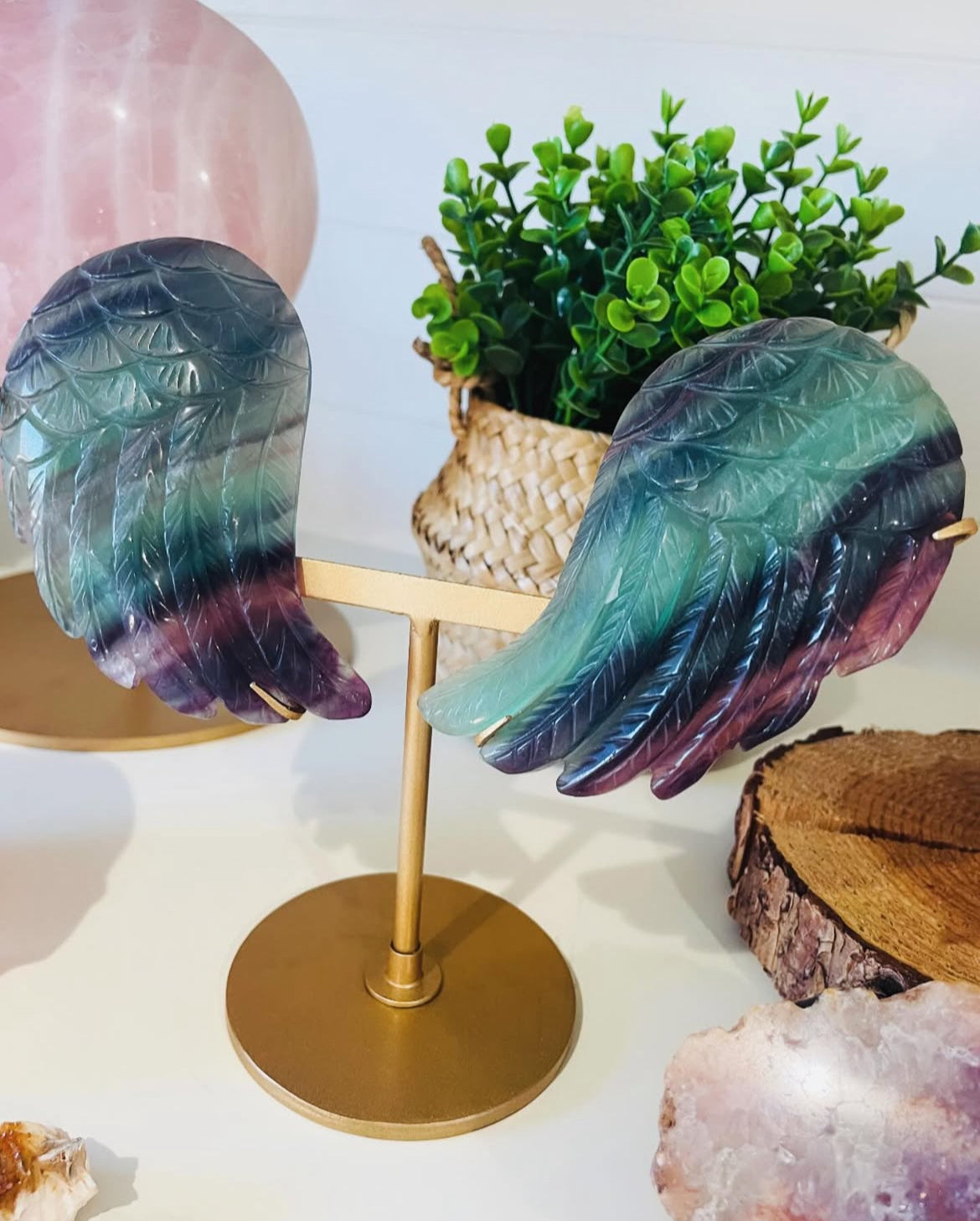 Fluorite Crystal, Rainbow Fluorite Crystal Angel Wings Carving