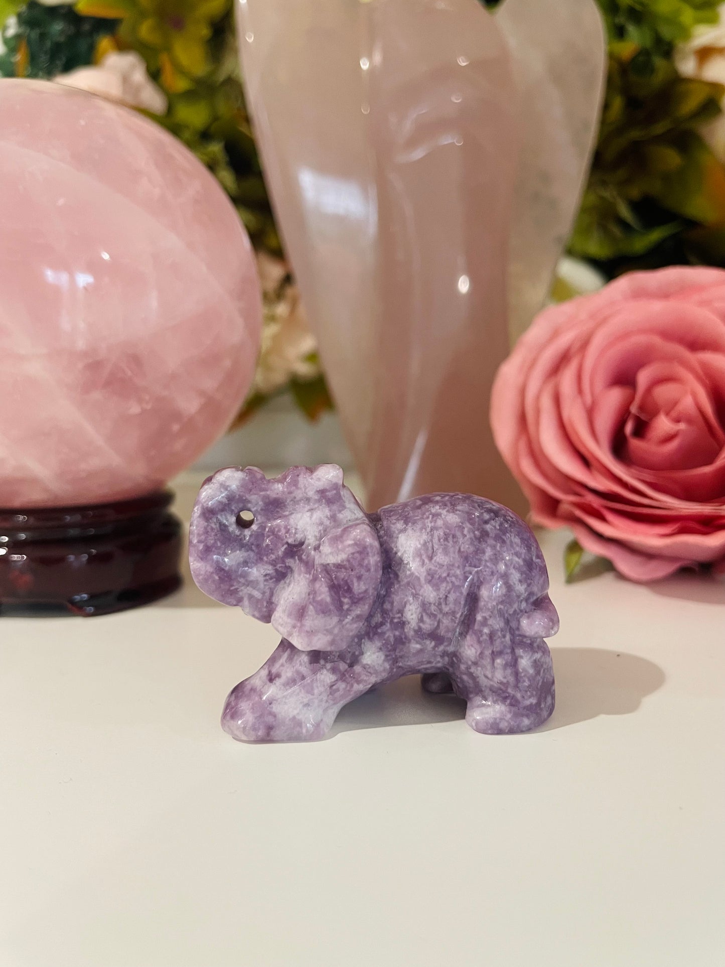 Crystal Elephant, Elephant Carving, Amethyst, Quartz, Clear Quartz, Rose Quartz, Unakite, Lepidolite, Que Sera, Dalmatian Jasper, Labradorite, Fluorite, Crystal Carving