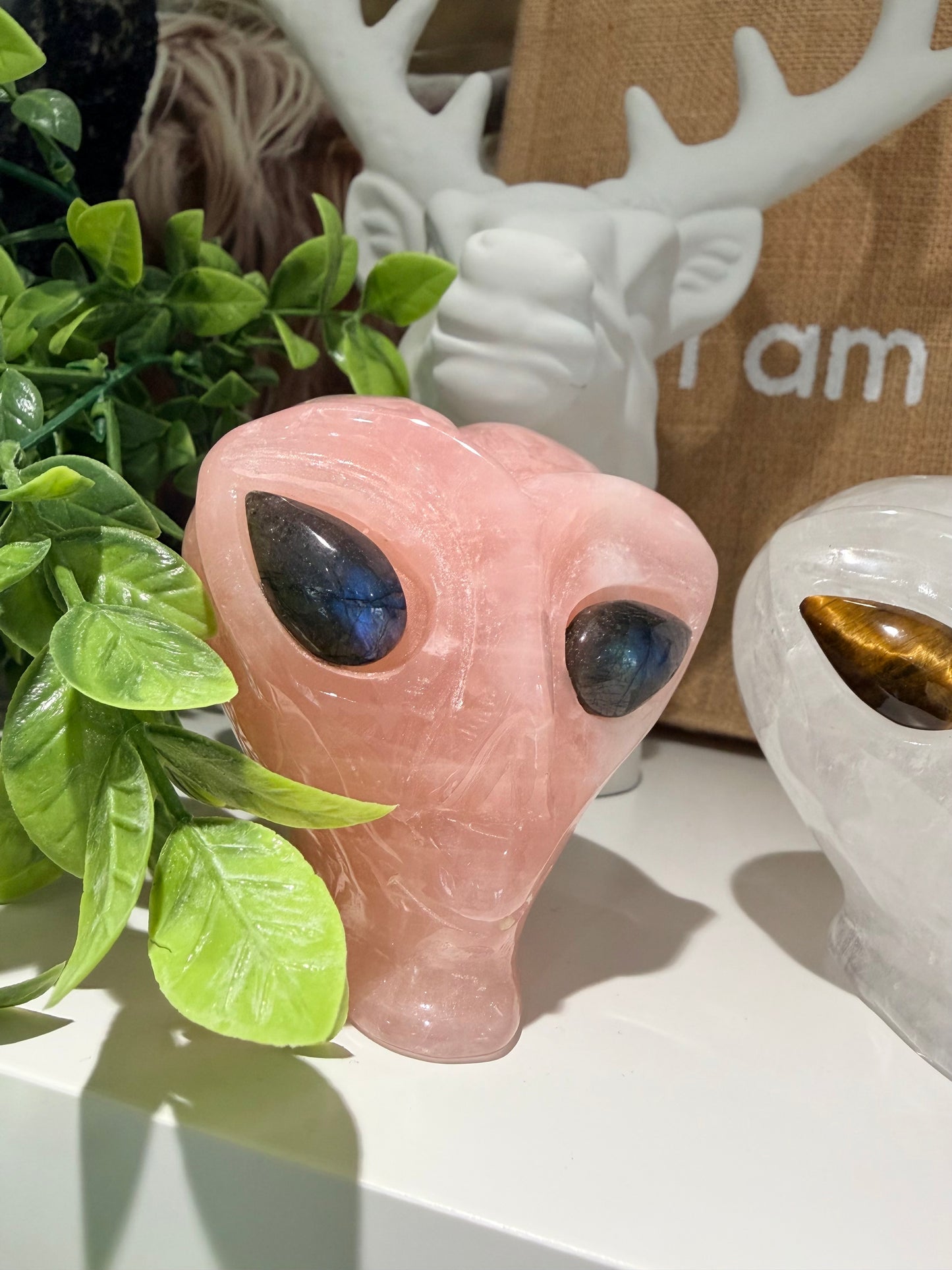 Alien Skull, Alien Crystal, Alien Carving, Rose Quartz, Clear Quartz, Quartz, Universe, Cosmic, Heart Chakra, Crown Chakra, Chakra Healing, Spiritual, Crystal Carving, Spaceman, Space