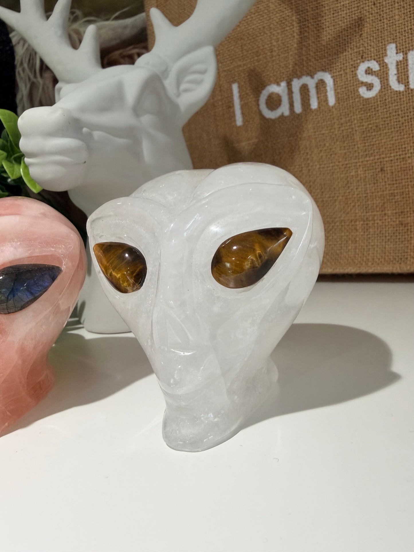 Alien Skull, Alien Crystal, Alien Carving, Rose Quartz, Clear Quartz, Quartz, Universe, Cosmic, Heart Chakra, Crown Chakra, Chakra Healing, Spiritual, Crystal Carving, Spaceman, Space