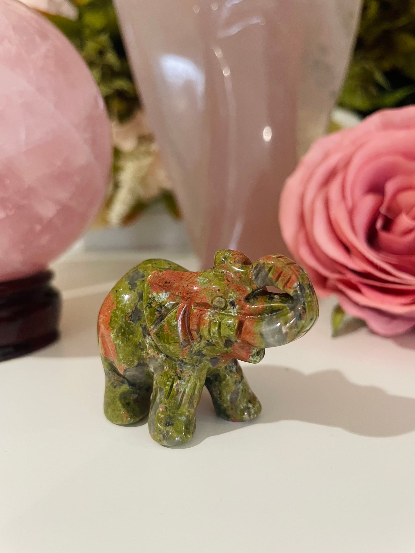 Crystal Elephant, Elephant Carving, Amethyst, Quartz, Clear Quartz, Rose Quartz, Unakite, Lepidolite, Que Sera, Dalmatian Jasper, Labradorite, Fluorite, Crystal Carving