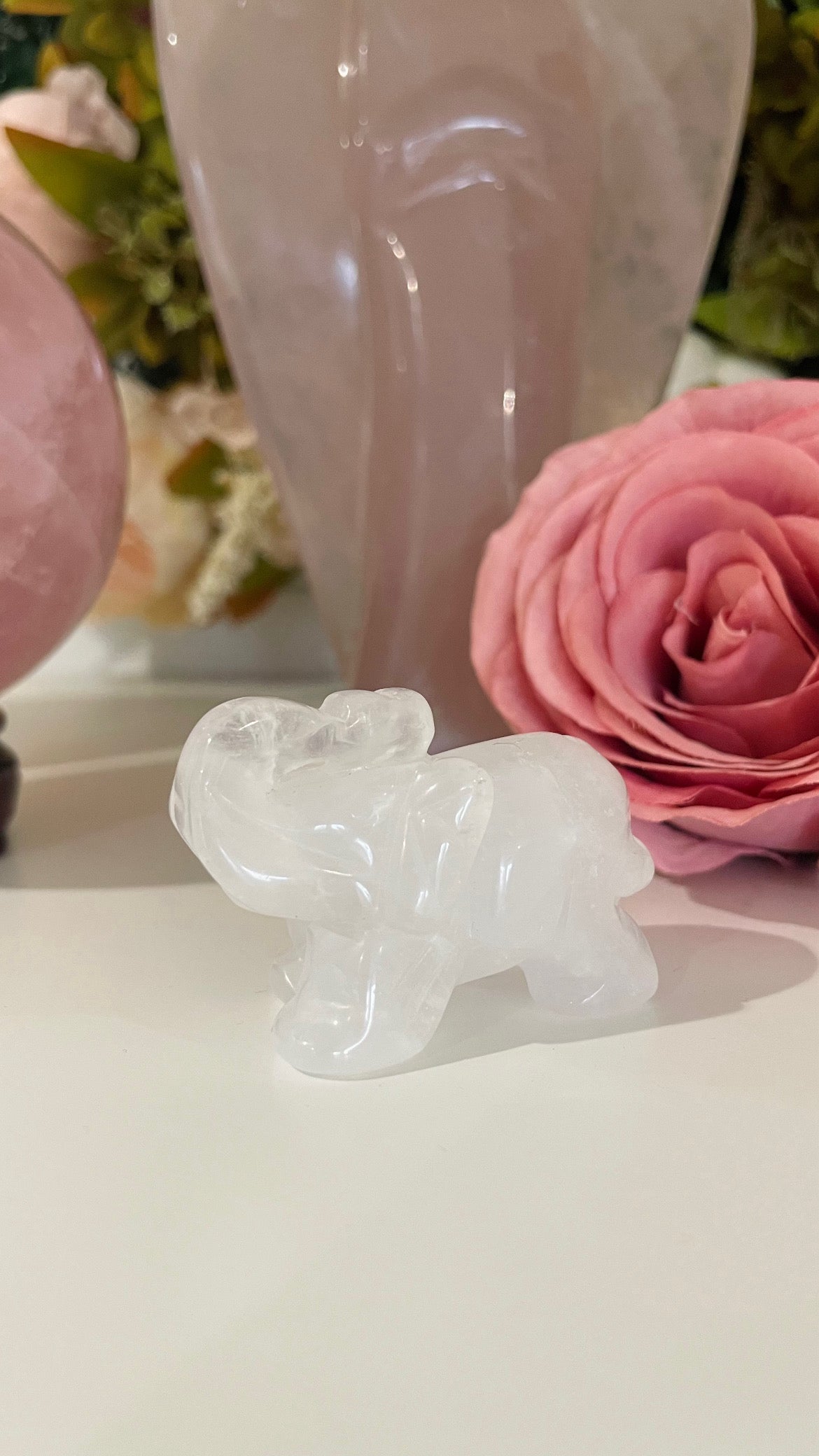 Crystal Elephant, Elephant Carving, Amethyst, Quartz, Clear Quartz, Rose Quartz, Unakite, Lepidolite, Que Sera, Dalmatian Jasper, Labradorite, Fluorite, Crystal Carving
