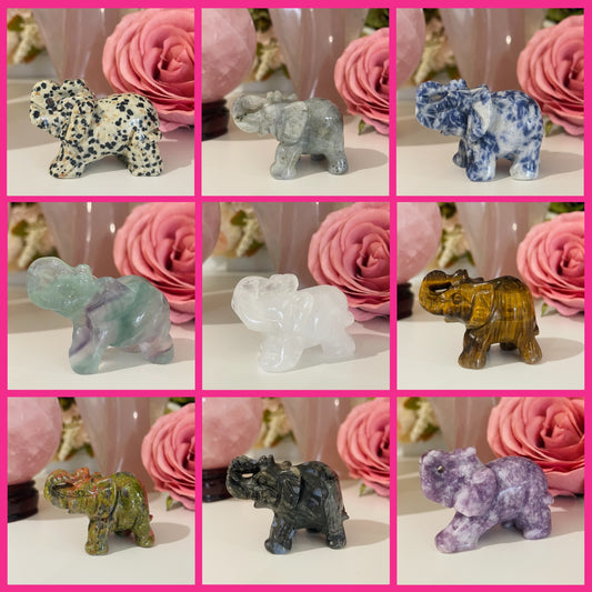 Crystal Elephant, Elephant Carving, Amethyst, Quartz, Clear Quartz, Rose Quartz, Unakite, Lepidolite, Que Sera, Dalmatian Jasper, Labradorite, Fluorite, Crystal Carving