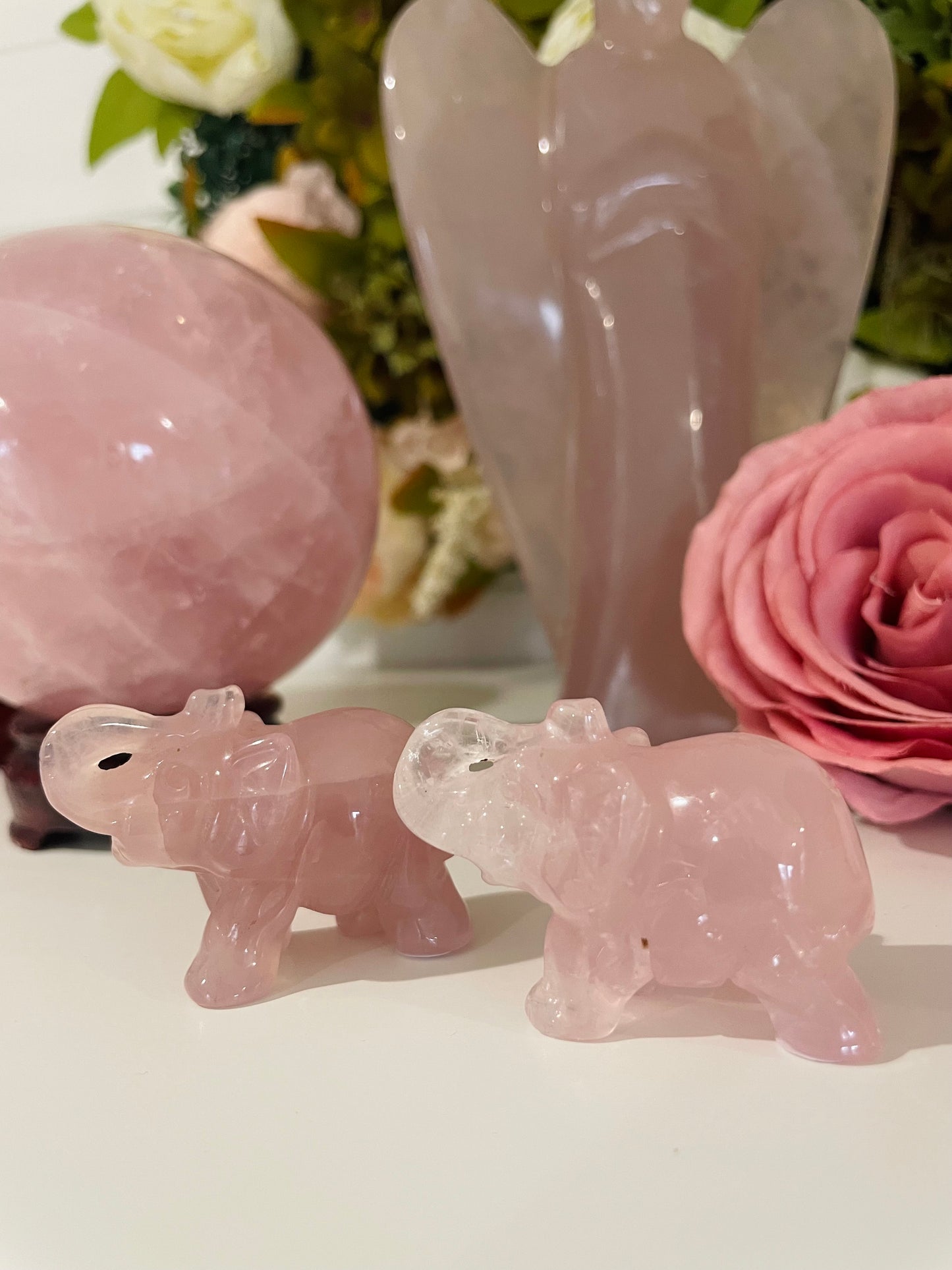 Crystal Elephant, Elephant Carving, Amethyst, Quartz, Clear Quartz, Rose Quartz, Unakite, Lepidolite, Que Sera, Dalmatian Jasper, Labradorite, Fluorite, Crystal Carving