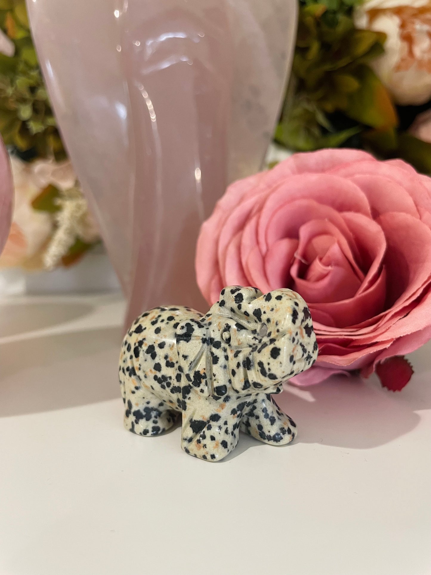 Crystal Elephant, Elephant Carving, Amethyst, Quartz, Clear Quartz, Rose Quartz, Unakite, Lepidolite, Que Sera, Dalmatian Jasper, Labradorite, Fluorite, Crystal Carving