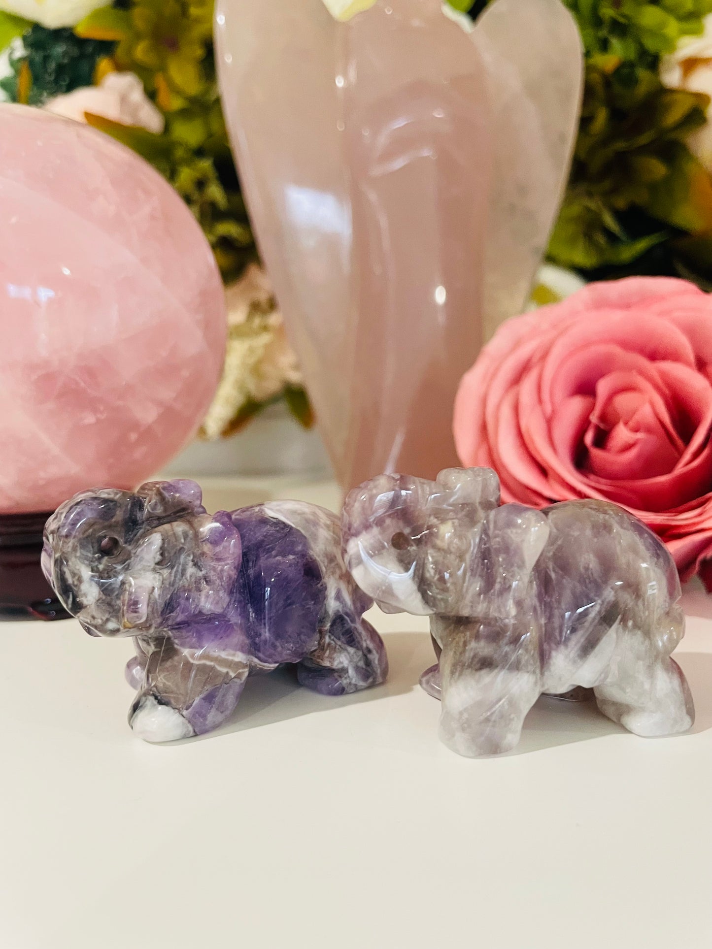 Crystal Elephant, Elephant Carving, Amethyst, Quartz, Clear Quartz, Rose Quartz, Unakite, Lepidolite, Que Sera, Dalmatian Jasper, Labradorite, Fluorite, Crystal Carving