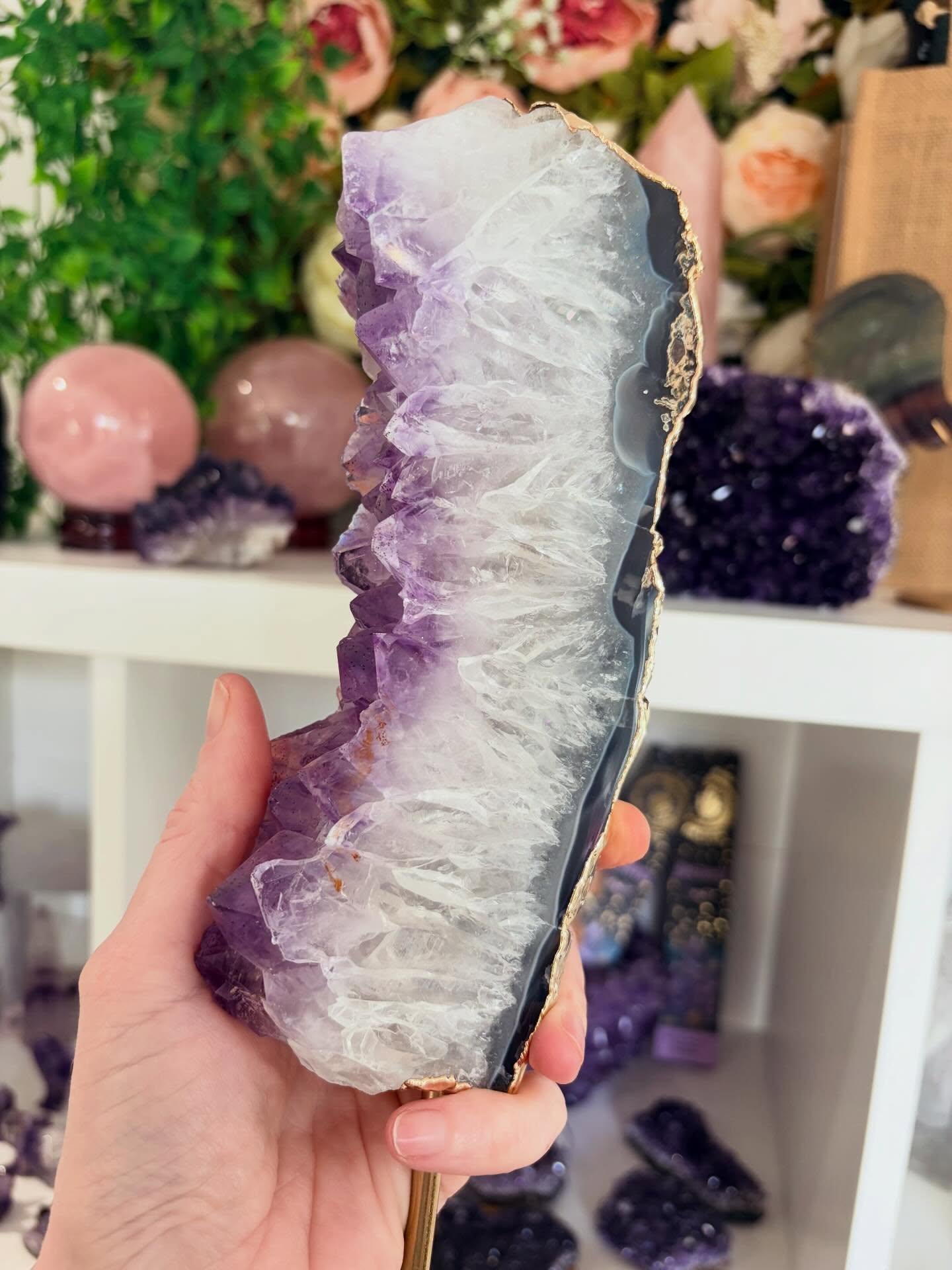 Amethyst Cluster with Agate edge on Stand, Purple Crystal Geode Display, Healing Crystal, Home Decor, Spiritual Gift, Amethyst Slice, Amethyst Cluster