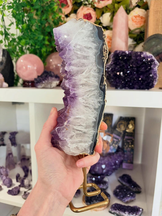 Amethyst Cluster with Agate edge on Stand, Purple Crystal Geode Display, Healing Crystal, Home Decor, Spiritual Gift, Amethyst Slice, Amethyst Cluster