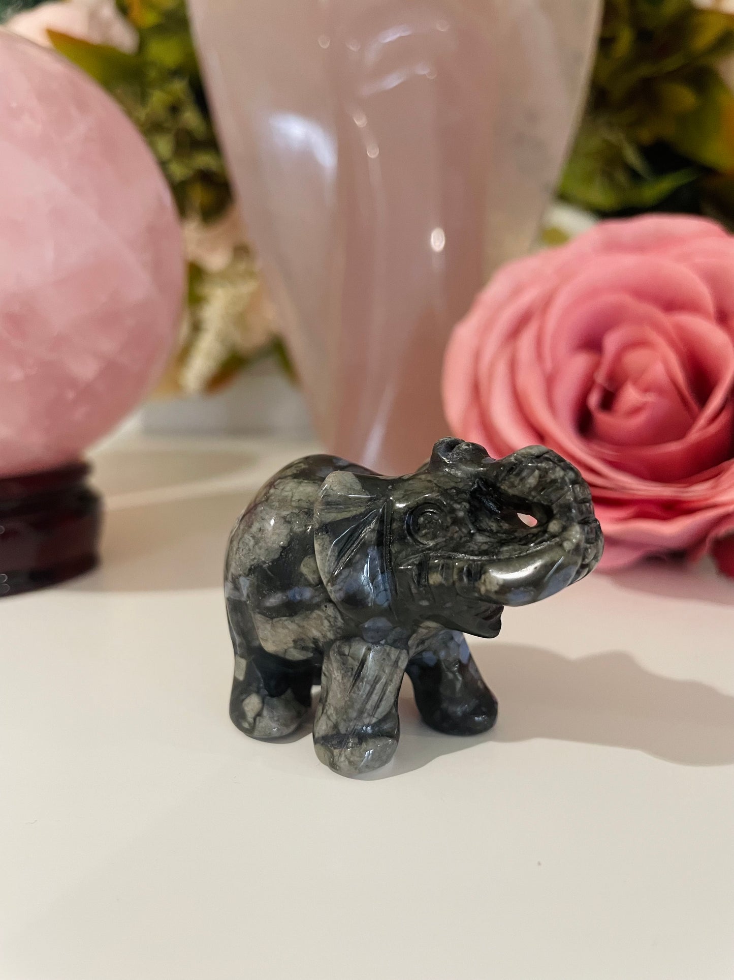 Crystal Elephant, Elephant Carving, Amethyst, Quartz, Clear Quartz, Rose Quartz, Unakite, Lepidolite, Que Sera, Dalmatian Jasper, Labradorite, Fluorite, Crystal Carving