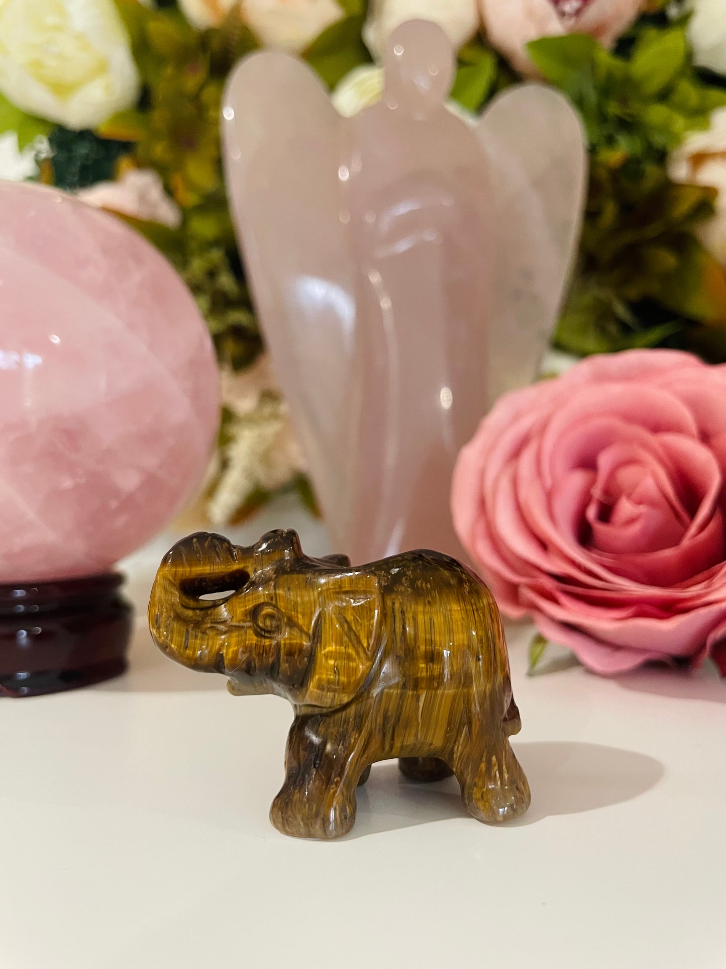 Crystal Elephant, Elephant Carving, Amethyst, Quartz, Clear Quartz, Rose Quartz, Unakite, Lepidolite, Que Sera, Dalmatian Jasper, Labradorite, Fluorite, Crystal Carving