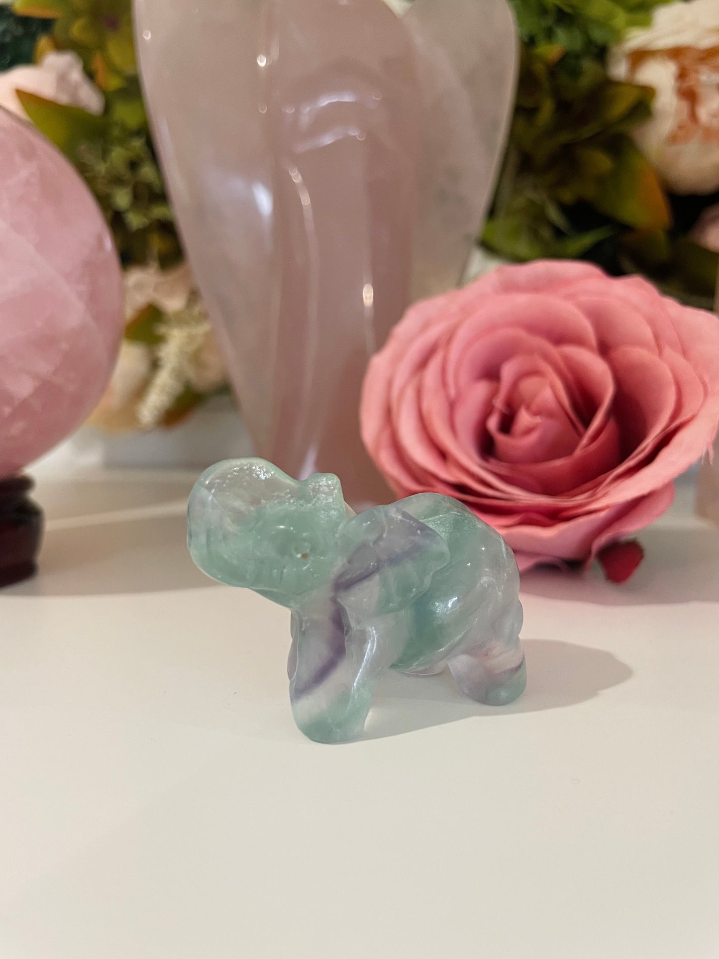 Crystal Elephant, Elephant Carving, Amethyst, Quartz, Clear Quartz, Rose Quartz, Unakite, Lepidolite, Que Sera, Dalmatian Jasper, Labradorite, Fluorite, Crystal Carving