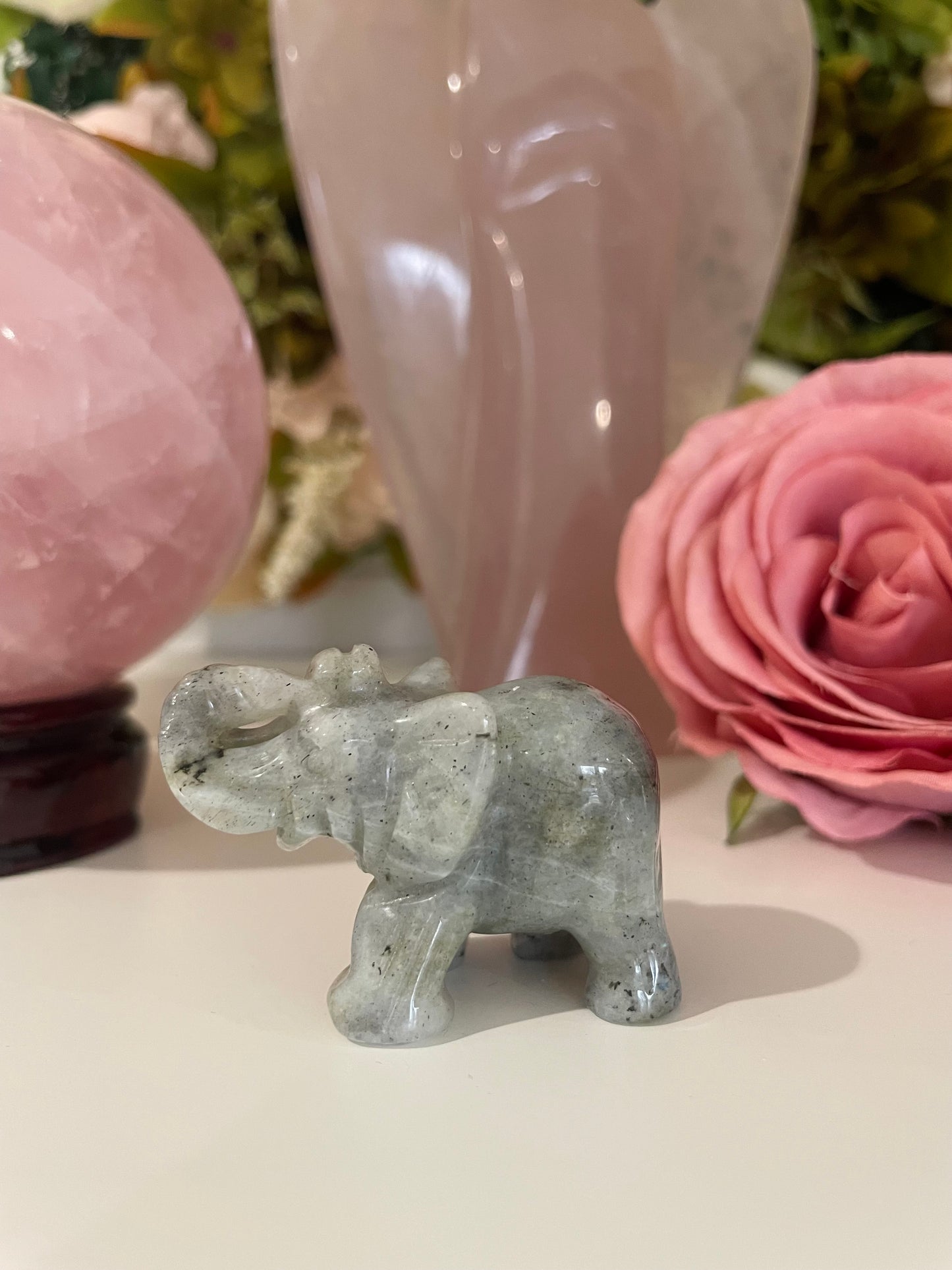 Crystal Elephant, Elephant Carving, Amethyst, Quartz, Clear Quartz, Rose Quartz, Unakite, Lepidolite, Que Sera, Dalmatian Jasper, Labradorite, Fluorite, Crystal Carving