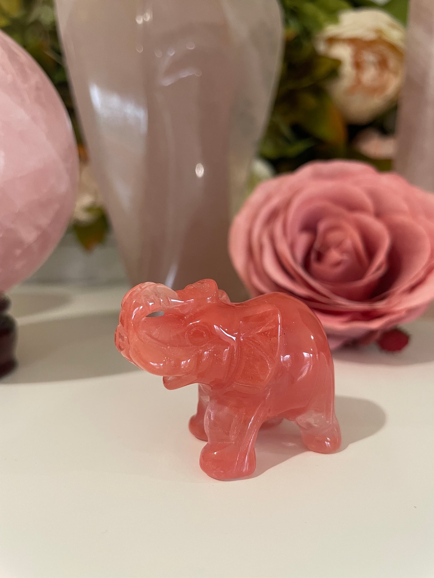 Crystal Elephant, Elephant Carving, Amethyst, Quartz, Clear Quartz, Rose Quartz, Unakite, Lepidolite, Que Sera, Dalmatian Jasper, Labradorite, Fluorite, Crystal Carving