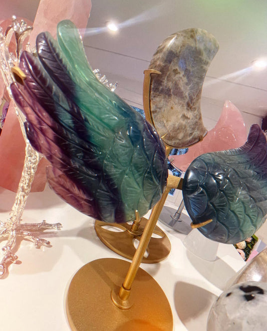 Fluorite Crystal, Rainbow Fluorite Crystal Angel Wings Carving